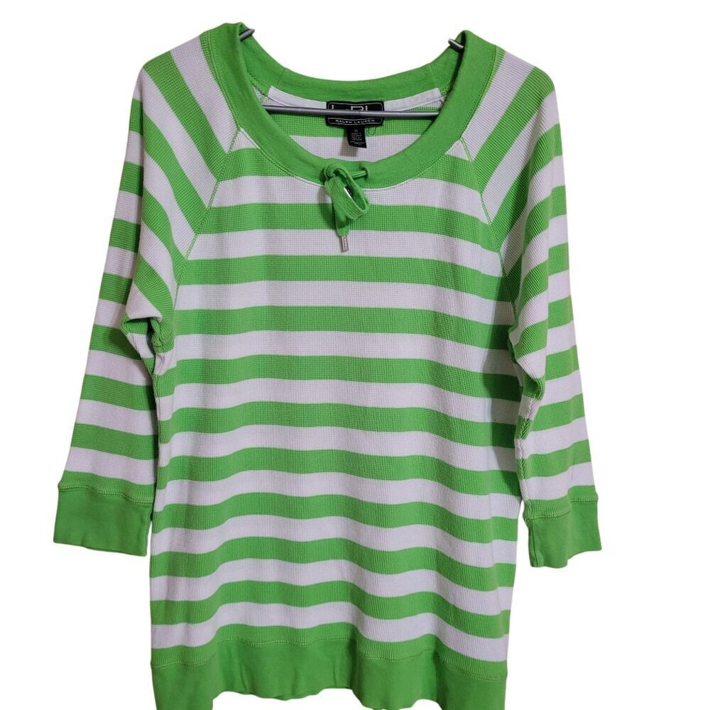 Lauren Ralph‎ Lauren Active Green & White Striped Cotton Top 1X Preppy Casual